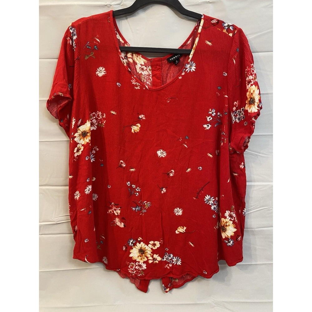 Torrid  Red Floral Blouse Top Shirt Back Button Up Capped‎ Sleeve Womens 2X #234